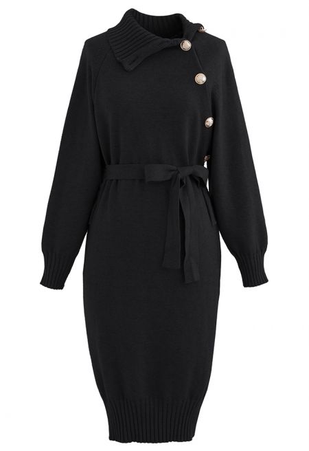 Black Knitted Midi Dress With Side Buttons 50908 - TUZZUT Qatar Online Shopping