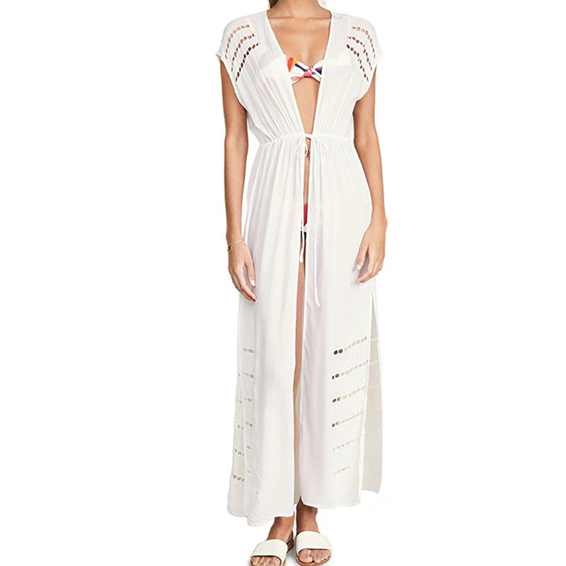 Sexy Striped Hollow Out White Cotton Summer Beach Tunic Women Plus Size Beachwear Self Belted Front Open Midi Dress XL S3928449 - Tuzzut.com Qatar Online Shopping