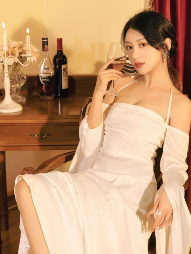 Women Summer Elegant Satin Silky Off Shoulder Slim White Cocktail Dress Lady Party Maxi Dress vestidos de fiesta para bodas X4437450