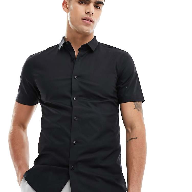 Men s Clothing New Look short sleeve muscle fit poplin shirt in black N123 - TUZZUT Qatar Online Shopping