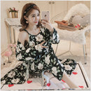 3 Piece Pajama Set Women Floral Printed Sleepwear Autumn Women's Clothing Sling Top Pants Long Robe Pajamas Sets Nightwear Suit X3178637 - Tuzzut.com Qatar Online Shopping