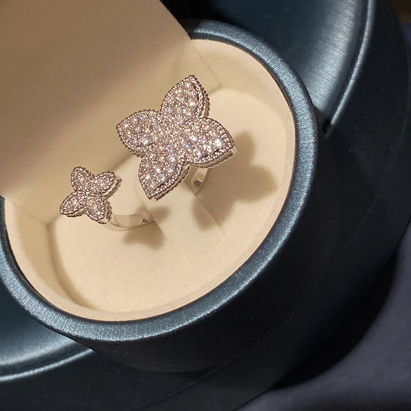 Double Flower Ring Female 925 Stamp Opening Flower White Zircon Ring Double Flower Ring Female 925 Stamp Opening Flower White Zircon Ring
