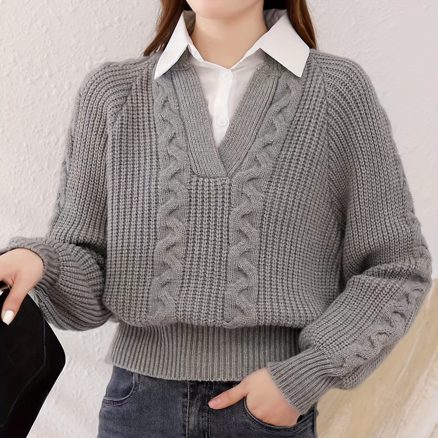 Womens 2 in 1 twist knit sweater, casual collar long sleeve sweater 64260