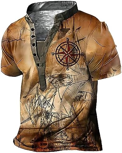 Compass World Map Print Retro T Shirt For Men Summer Button Henley Collar Short Sleeve TShirts L 070757371 - Tuzzut.com Qatar Online Shopping