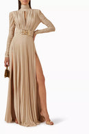 Women Spring New Deep V-neck Belted High Waist Maxi Evening Dress 141013 - TUZZUT Qatar Online Shopping