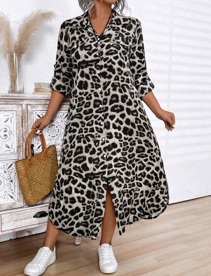 Front Button Long Sleeve Leopard Print Casual Long Dress Maxi Women Outfit 070933 Front Button Long Sleeve Leopard Print Casual Long Dress Maxi Women Outfit 070933
