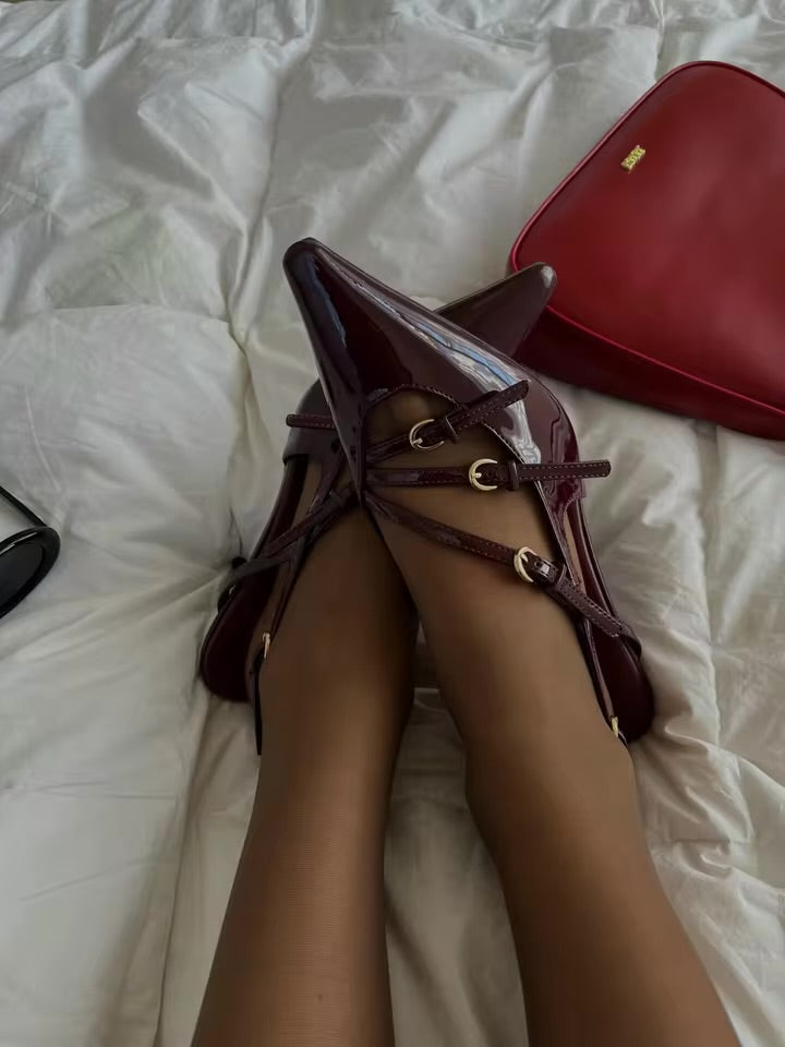 Women's Shiny Leather Buckle Stiletto Pointed Toe Sandals 518334 - TUZZUT Qatar Online Shopping