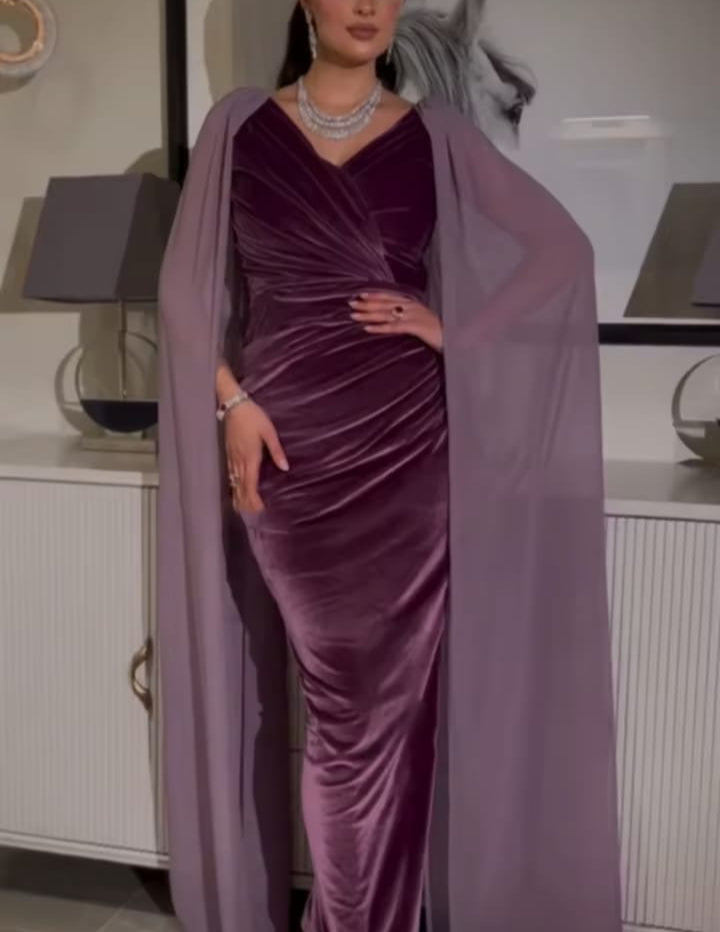 Sexy Purple Evening Dress With V-neckline And Puff Sleeves S5063209 Sexy Purple Evening Dress With V-neckline And Puff Sleeves S5063209