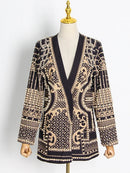 Original Creation Loose Long Sleeves Beads Printed V-Neck Blazer Outerwear 111148 - TUZZUT Qatar Online Shopping
