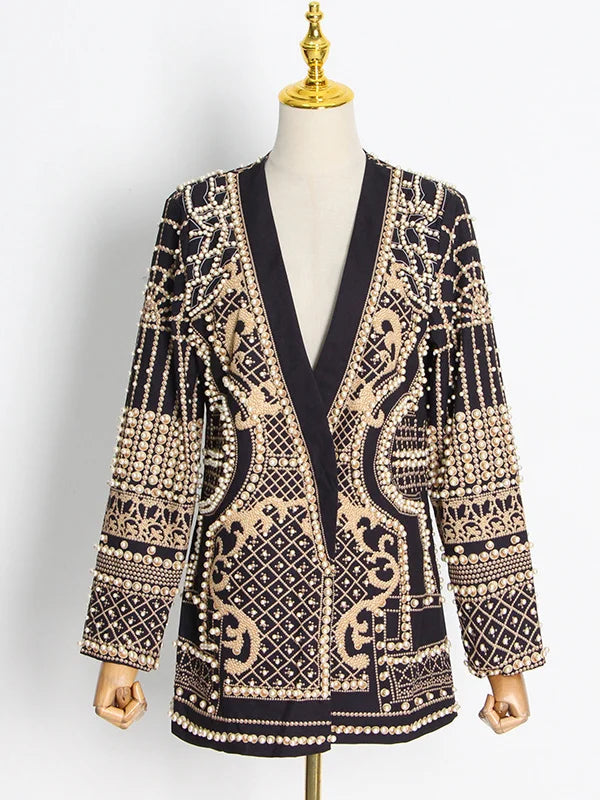 Original Creation Loose Long Sleeves Beads Printed V-Neck Blazer Outerwear 111148 Original Creation Loose Long Sleeves Beads Printed V-Neck Blazer Outerwear 111148