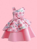 Young Girl Floral Print Bow Front Asymmetrical Neck Fold Pleated Party Dress   S4920604 - TUZZUT Qatar Online Shopping