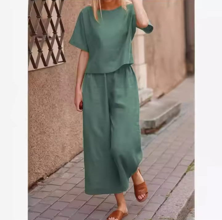 New Spring Summer Casual Loose Fit Solid Color T-shirt + Pants Women's Clothing Set Cross-border Style S349700 New Spring Summer Casual Loose Fit Solid Color T-shirt + Pants Women's Clothing Set Cross-border Style S349700