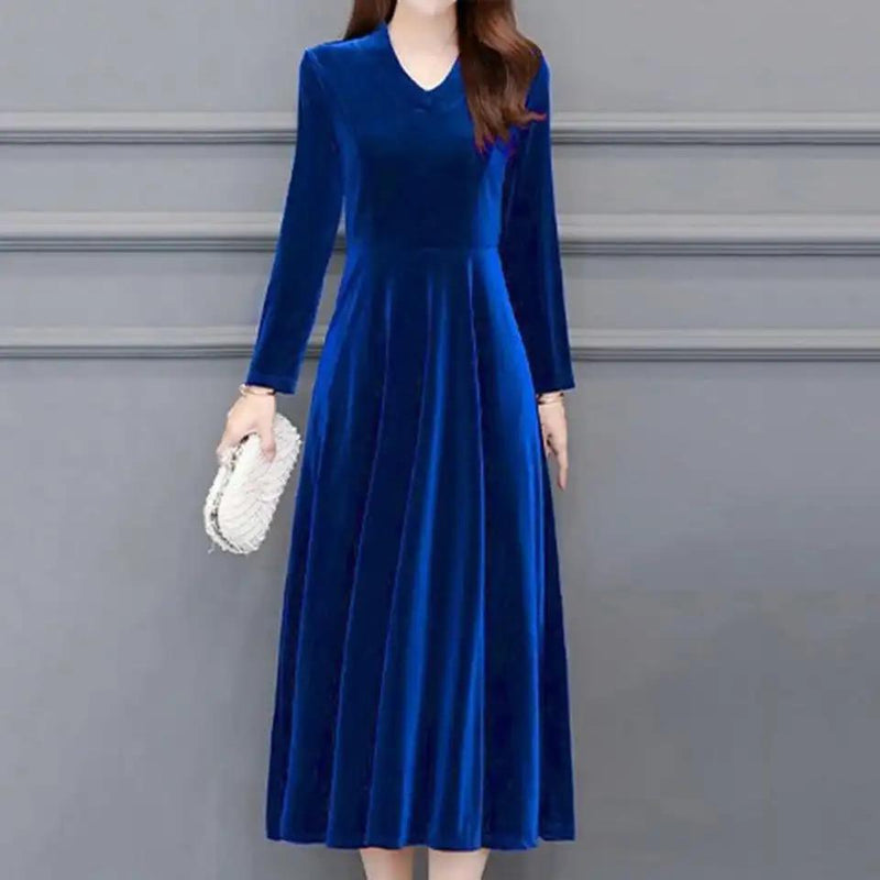 Velvet Vintage Women Maxi Dress OL Style Oversize Round Neck M S1918173