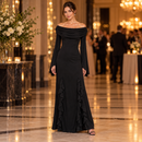 Black Off-Shoulder Long-Sleeve Maxi Dress with Ruffle MC-A40