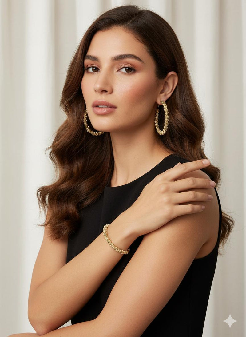 Earrings & Golden Charm Bracelet Set | Modern Sparkle Duo B-288801 - TUZZUT Qatar Online Shopping