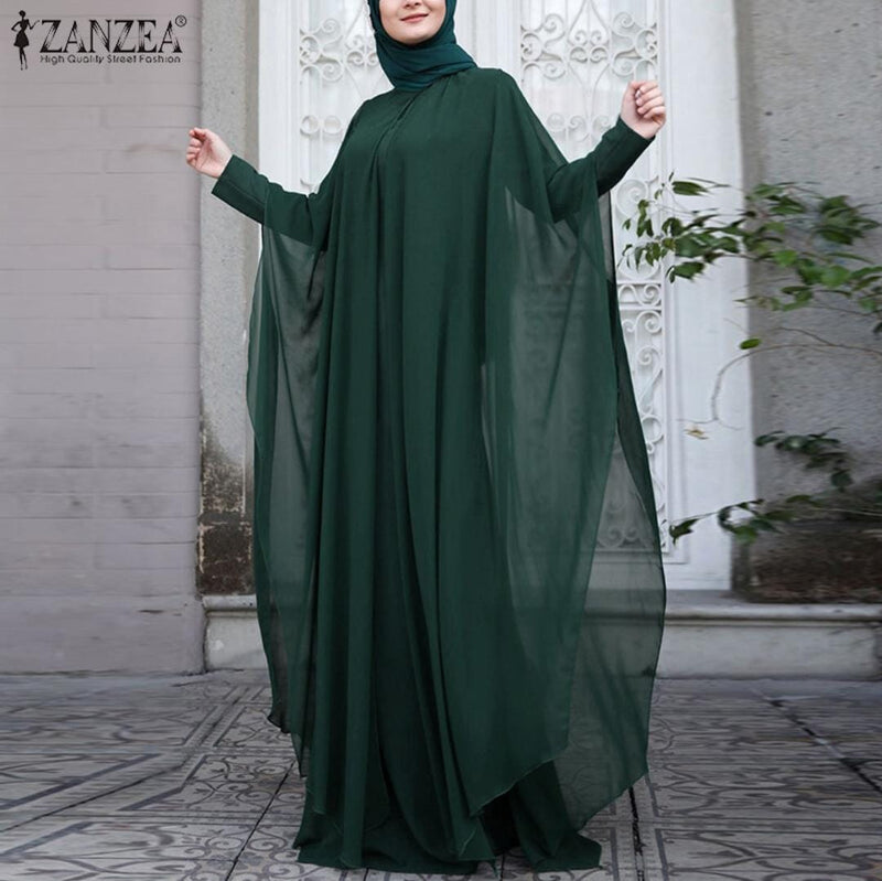ZANZEA Womens Muslim Islamic Abaya Batwing Robe Party Gown Elegent Plain Long Maxi Dress 2PCS S3493742