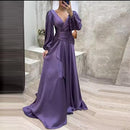 Women's Cocktail Full Length Hem Maxi Dress Luxury Female V Neck Waist Party Dress Elegant Lantern Sleeve Ruffle Satin Dresses   S307518 - TUZZUT Qatar Online Shopping