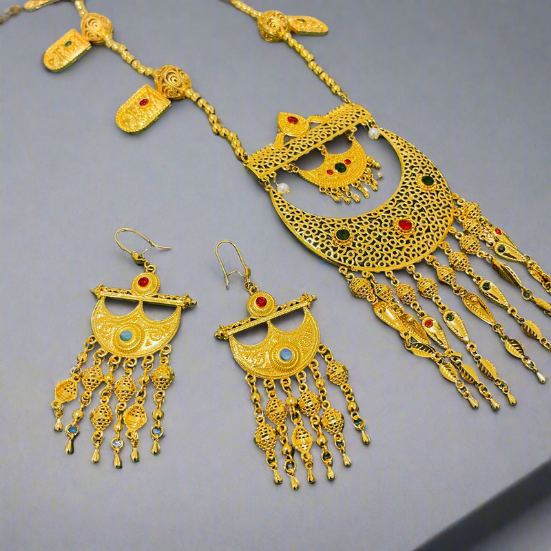 Womens Gold Color Long Length Necklace And Earrings S4498765 - TUZZUT Qatar Online Shopping