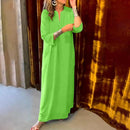 Women Summer Fall Casual Maxi Dress Loose Pockets Half Sleeve Solid Color Long Dresses Notch V Neck Homewear Outfits     B233265 - TUZZUT Qatar Online Shopping