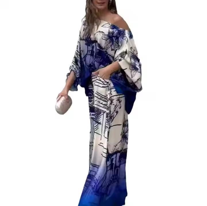 Printed One Shoulder Top and Straight Trousers for Women Vintage Chic Outfit for Lady Monochrome Dolman Sleeves 2 Pieces B305278 Printed One Shoulder Top and Straight Trousers for Women Vintage Chic Outfit for Lady Monochrome Dolman Sleeves 2 Pieces B305278