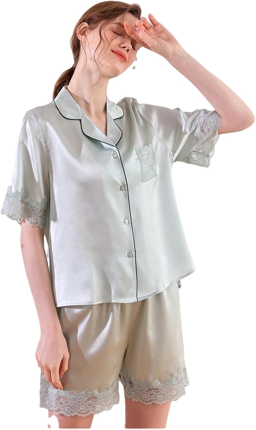 Silk Pajamas Suit Lace Trim Short Sleeve Button Shirt And Shorts Set S4913288 Silk Pajamas Suit Lace Trim Short Sleeve Button Shirt And Shorts Set S4913288