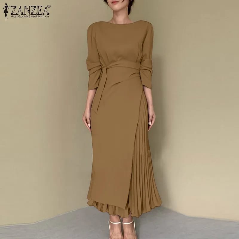 ZANZEA Fashion Long Sleeve Pleated Sundress Kaftan Elegant Women OL Work Dress Spring Solid Lace Up Long Vestido Robe Femme S4370966