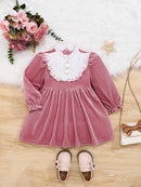 Girls' Contrast Color-Blocked Lace Trim Puff Sleeve Dress 1710020 - TUZZUT Qatar Online Shopping