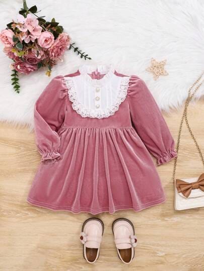 Girls' Contrast Color-Blocked Lace Trim Puff Sleeve Dress 1710020 Girls' Contrast Color-Blocked Lace Trim Puff Sleeve Dress 1710020