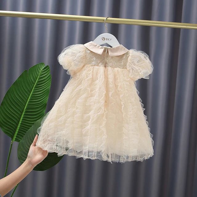 Girls Dress Peter Pan Collar Tulle Party Kids Princess Dresses for Baby Clothes with Pearls S4073253