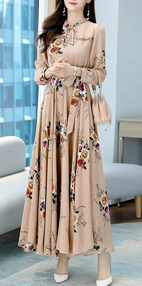 Women Summer High Waist Long Sleeve Floral Print Maxi Dresses Casual Par XL S2022734