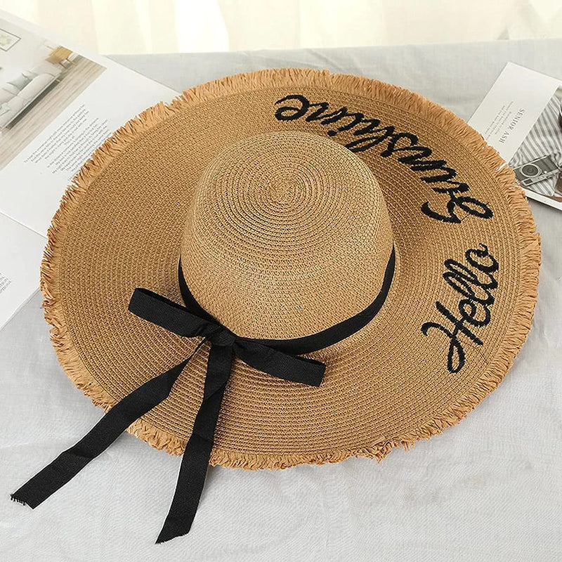 Handmade Weave Letter Sun Hats For Women Black Ribbon Lace Up Large Brim Straw Hat Outdoor Beach Hat Summer Caps S3441953