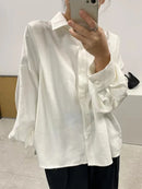 Simple Long Sleeves Loose Buttoned Pleated Solid Color Lapel Collar Blouses&Shirts Tops 112646 - TUZZUT Qatar Online Shopping