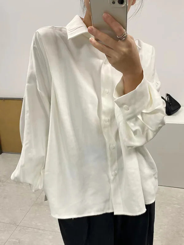 Simple Long Sleeves Loose Buttoned Pleated Solid Color Lapel Collar Blouses&Shirts Tops 112646