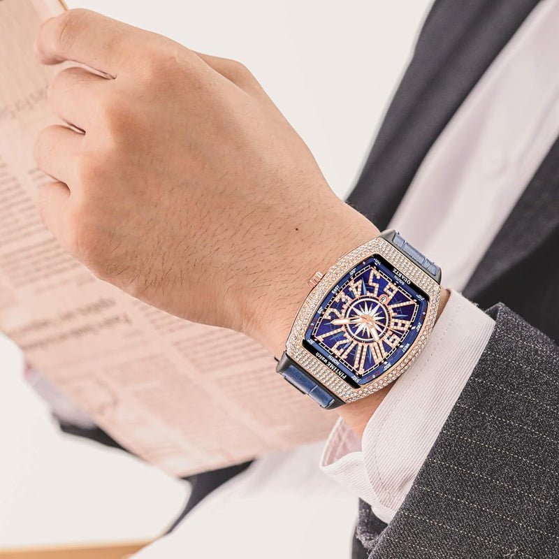 PINTIME Men's Watches Luxury Tonneau Type Metal Shinning CZ Case Rubber Strap Fashion Quartz Wristwatch Male Clock Relogio Gifts W412659 - Tuzzut.com Qatar Online Shopping