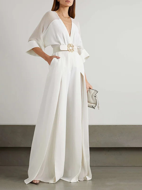 Solid color contrast v-neck jumpsuit with high waist front 164869 Solid color contrast v-neck jumpsuit with high waist front 164869