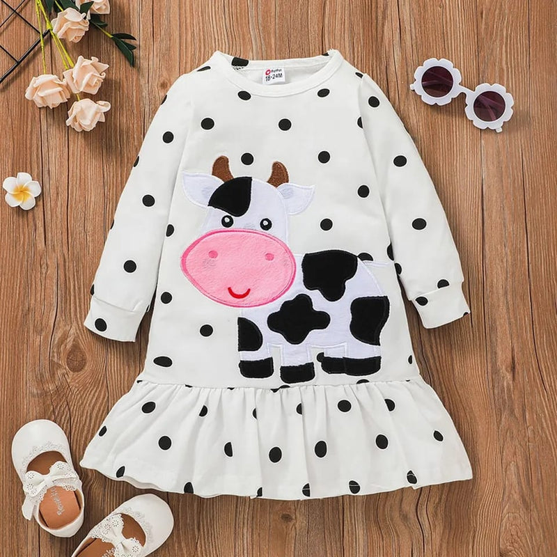Toddler Girls Dress Long Sleeve Dress Dot Ruffles Cartoon Dairy Cow Prints Dresses Kids Girls Princess Dress 20103165