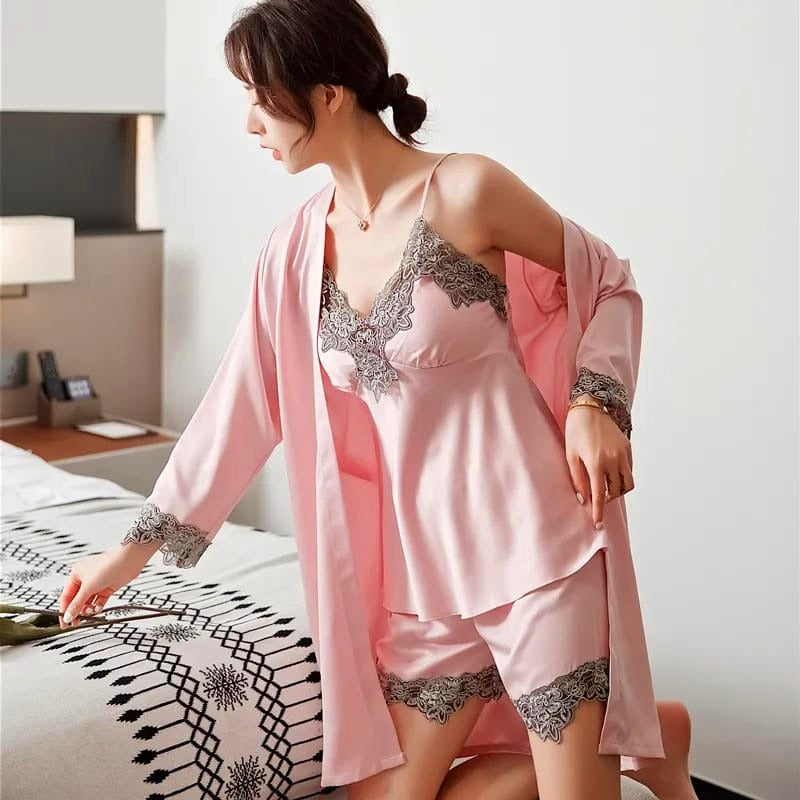 5PCS/SET Silk Robe Sleep Suit Womens Lace Satin Pajamas Gown Set V-Neck Nighties Wear Pijama Home Nightwear Spring Nightdress M S4898598 - Tuzzut.com Qatar Online Shopping