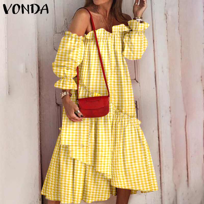 Ruffle Dress VONDA Holiday Sundress Long Sleeve Midi Irregular Hem Dress Bohemian Robe Femme Vestido S3782963 - Tuzzut.com Qatar Online Shopping