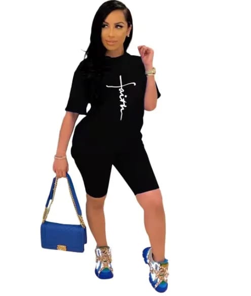 New printed tshirt with biker shorts women summer faith 2 piece short set X4601941 New printed tshirt with biker shorts women summer faith 2 piece short set X4601941