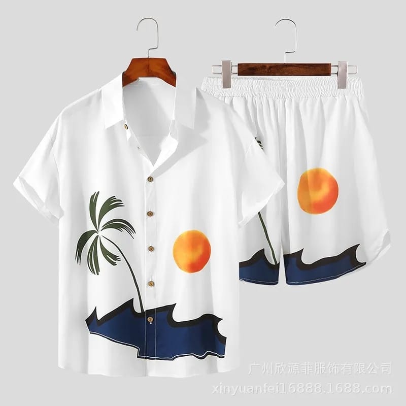 New Short Sleeve Shirt Set Hawaiian Men's Set 3D Printed Polo Collar Short Sleeve Casual Shirt Beach Shorts Summer Street L S3206830 - Tuzzut.com Qatar Online Shopping