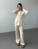Women's Autumn/Winter Ribbed Cardigan Jacket with Metal Buttons and High Waist Knitted Pants with Turn-down Collar, Two-Piece    S475569 - TUZZUT Qatar Online Shopping