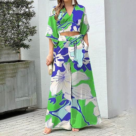 Sleeve V-neck Tropical Floral Crop Top with High Waisted Wide Leg Palazzo Pants Funky Women Matching Sets S457825 - TUZZUT Qatar Online Shopping