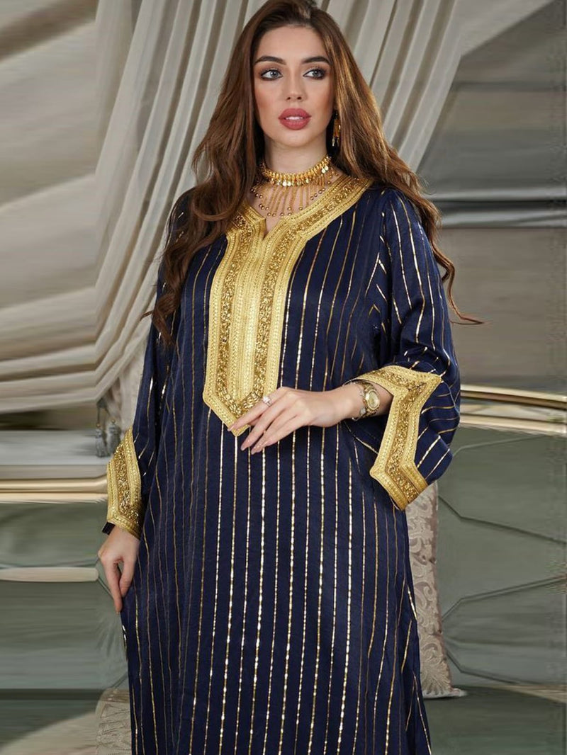 Gold Stamping Jalabiya Kaftan Dress for Women Dubai Saudi Casual Modes Gold Stamping Jalabiya Kaftan Dress for Women Dubai Saudi Casual Modes