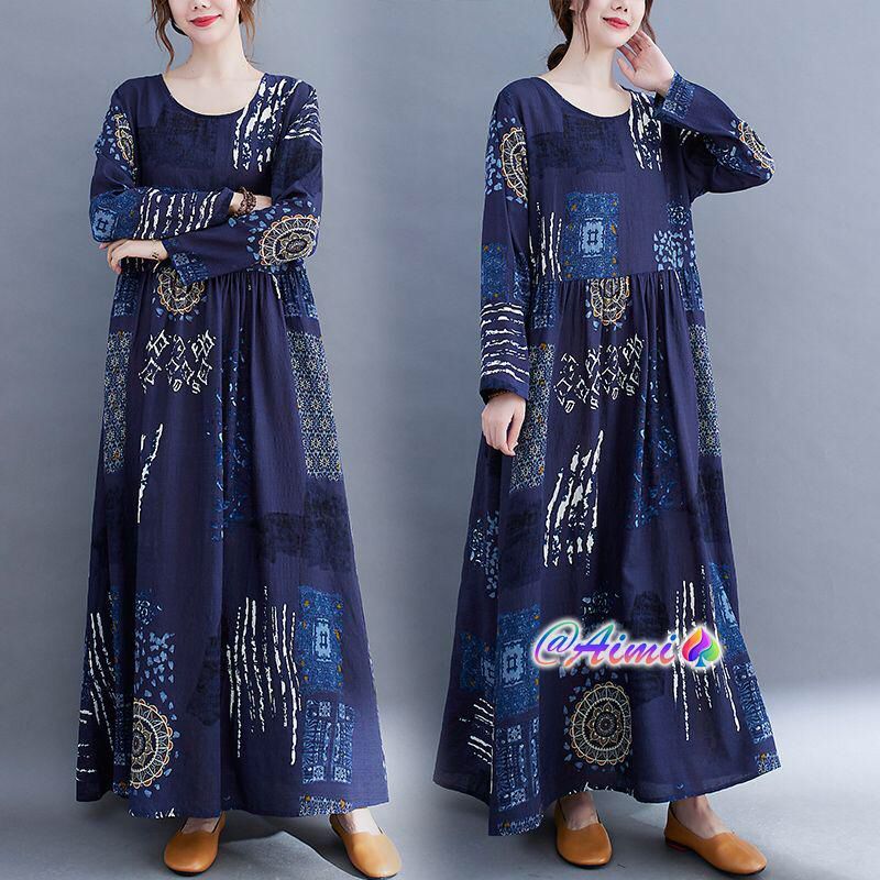 Very popular autumn print dress loose slimming round neck maxi length X3737339 Very popular autumn print dress loose slimming round neck maxi length X3737339