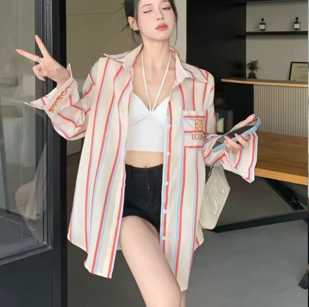 Korean Striped Long Sleeve Blouse Coat L9600 Korean Striped Long Sleeve Blouse Coat L9600