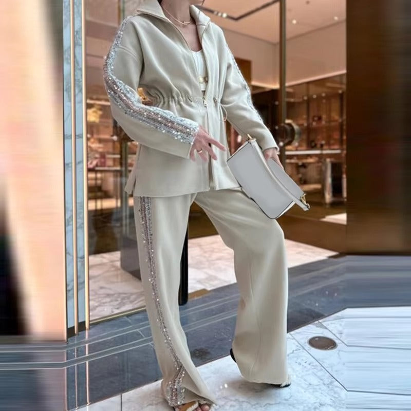 Bright Wire Splicing Top and Loose Pleated Casual Wide-Leg Pant 163576 - TUZZUT Qatar Online Shopping