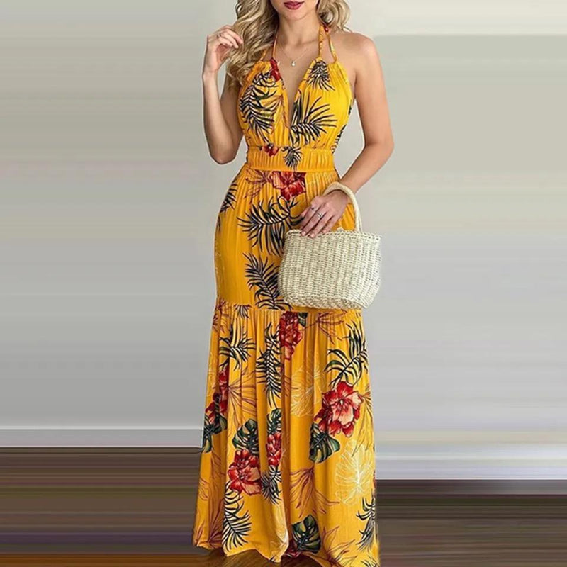 Summer Elegant Halter Sleeveless Beach Dress Women Vintage Floral Backless L S4465253