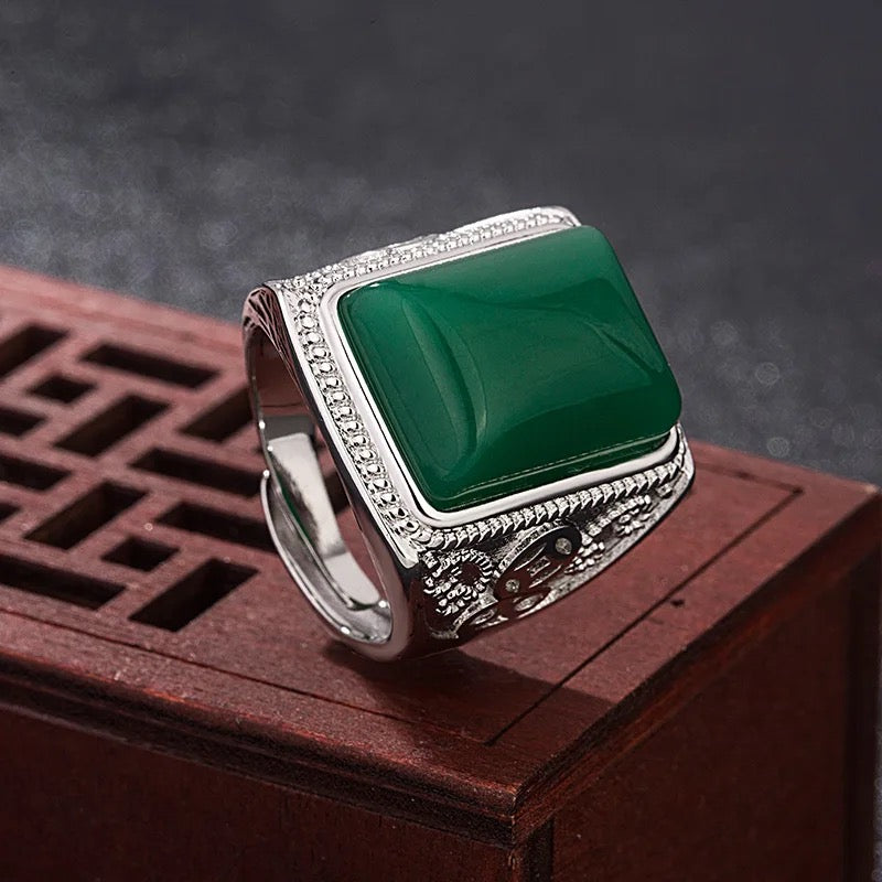 Men's Green Agate Ring 925 Silver Vintage Men's Chrysoprase Ring S4578476 - TUZZUT Qatar Online Shopping