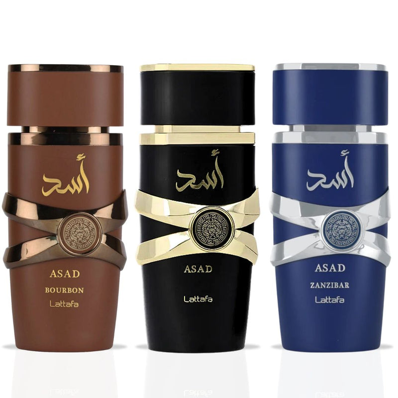 Asad, Asad Zanzibar & Asad Bourbon EDP Sprays 100ML By Lattafa | ASAD SIGNATURE TRIO - TUZZUT Qatar Online Shopping
