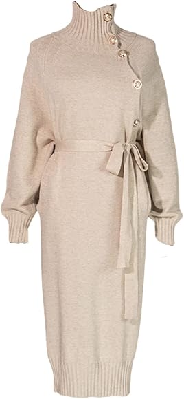 Turtleneck Sweater Dress Women Casual Loose Solid Buttons Pullover Belt Robe Femme Autumn Knitted Maxi Dress B890123 Turtleneck Sweater Dress Women Casual Loose Solid Buttons Pullover Belt Robe Femme Autumn Knitted Maxi Dress B890123